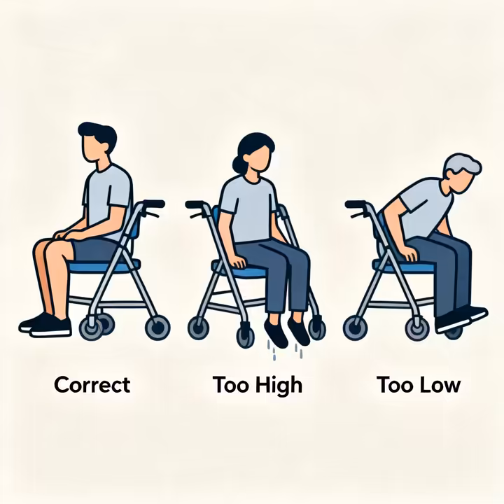 A diagram showing the correct posture for sitting on a rollator walker, with feet flat and knees at a 90-degree angle.