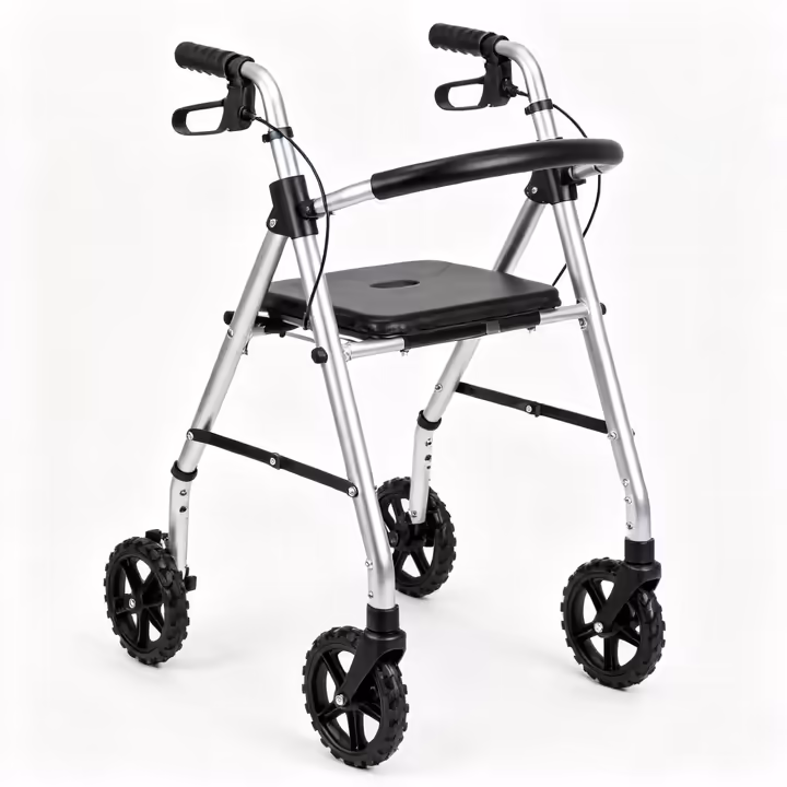 A sturdy, heavy-duty bariatric rollator walker with a reinforced frame and a wide seat.