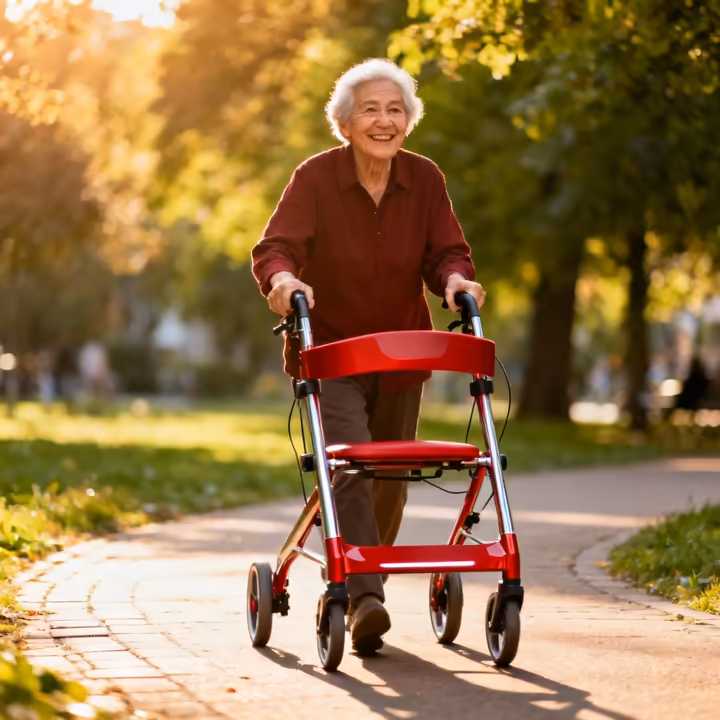 An older adult smiling while walking outdoors on a paved path with a modern, red rollator walker with a seat.