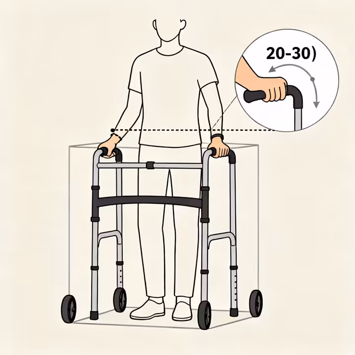 An illustration demonstrating how to properly adjust the handle height of a rollator walker to be level with the user's wrist crease.