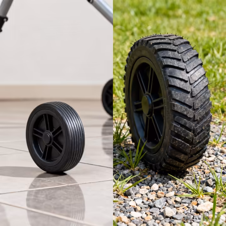 A comparison of small 6-inch rollator wheels for indoor use and large 8-inch all-terrain wheels for outdoor use.