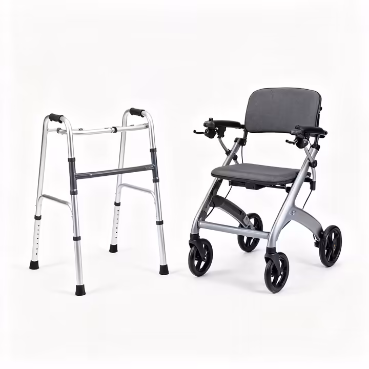 A side-by-side comparison of a standard walker and a rollator walker with a seat.