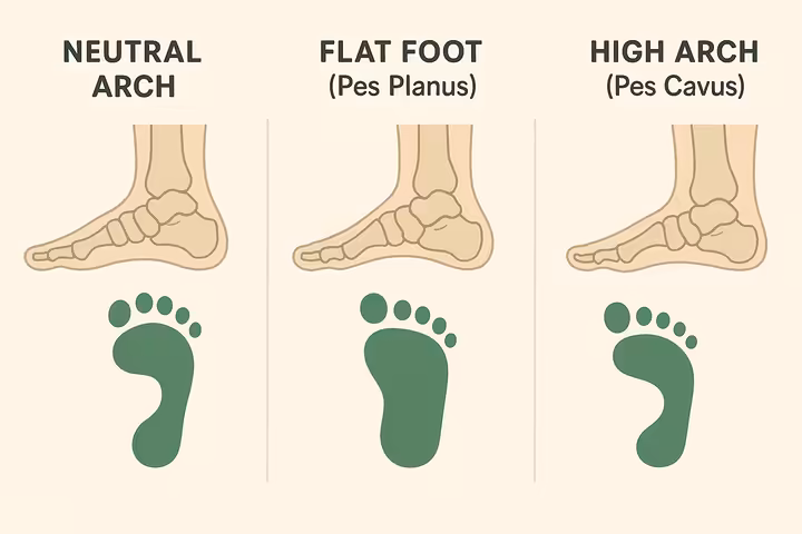 Comparison of neutral arches, flat feet (pes planus), and high arches (pes cavus).