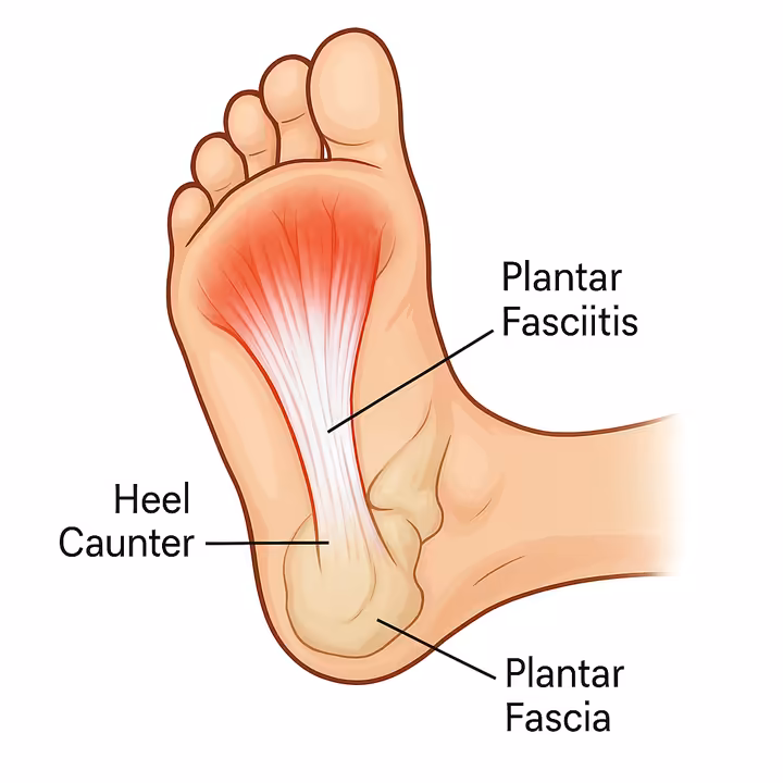 An illustration of the foot's anatomy showing inflammation of the plantar fascia ligament.