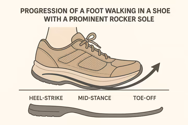 Diagram illustrating the smooth rolling motion facilitated by a rocker sole on a walking shoe.