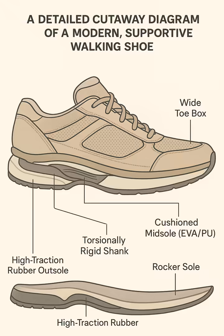Anatomy of a supportive walking shoe, highlighting the midsole, heel counter, outsole, and toe box.