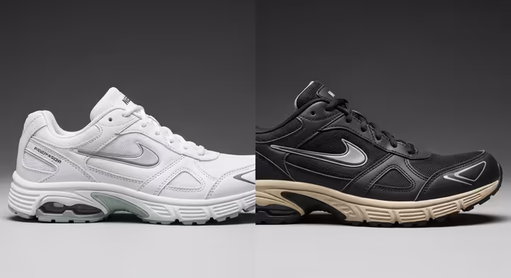 A comparison of a new walking shoe versus a worn-out one, showing midsole creasing and outsole wear.