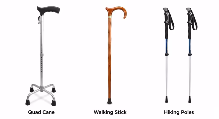 A side-by-side comparison of a medical cane, a casual walking stick, and a pair of hiking poles.