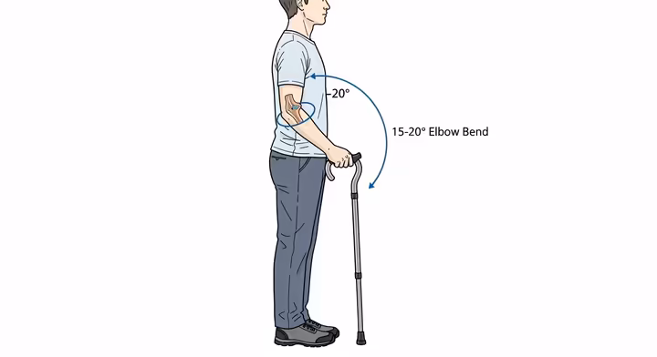 A diagram illustrating the correct elbow bend (15-20 degrees) when holding a properly sized walking stick.