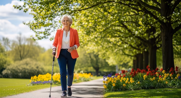 An elegant senior woman walking confidently along a sunny park path using a stylish walking stick.