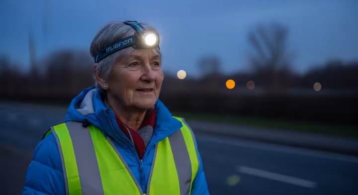 A senior walker wearing a reflective vest and using a headlamp for safety during an evening walk.