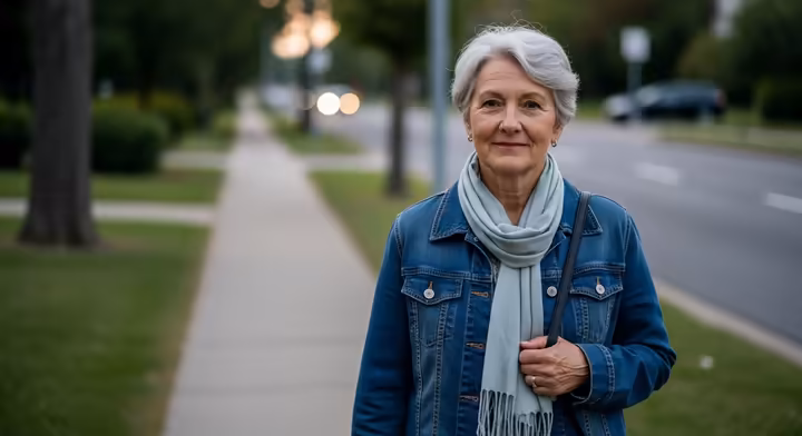 A senior woman walking alone in the evening, looking calm and relaxed as she decompresses from the day.