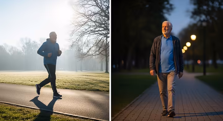 A split-screen image comparing a senior man walking in the bright morning sun and walking in the calm evening twilight.