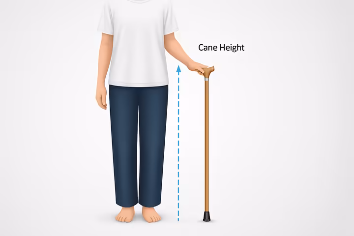 An illustration demonstrating how to size a cane by measuring from the floor to the user's wrist crease.