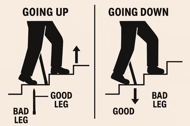A split image showing a person correctly going up stairs (good leg first) and down stairs (bad leg and cane first).