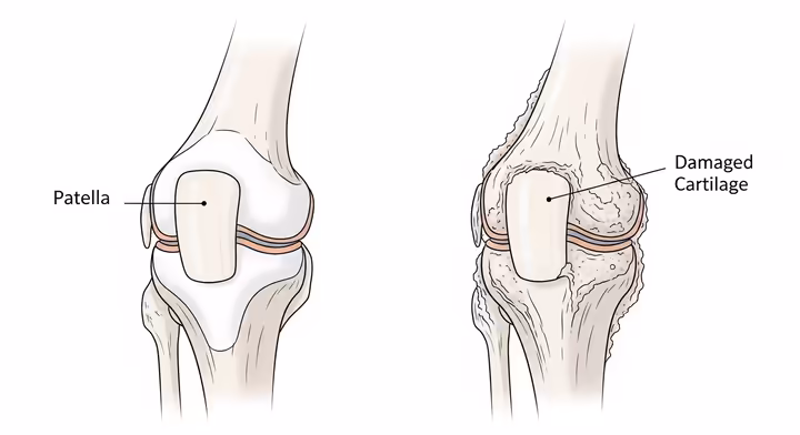 Anatomical illustration showing a healthy knee joint next to one with chondromalacia patella, highlighting the rough cartilage under the kneecap.