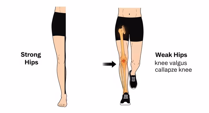 Diagram showing how weak hip muscles can cause the knee to cave inward during walking, leading to kneecap pain.