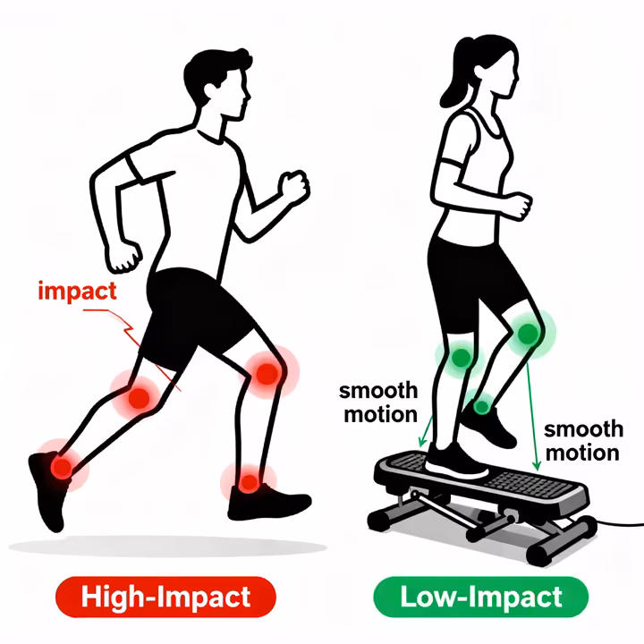 A diagram comparing the high impact of running on joints versus the low impact of a mini stepper.
