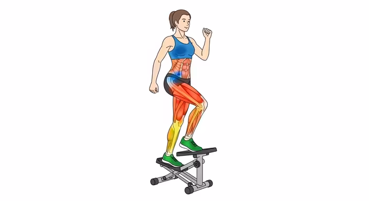 An anatomical illustration showing the primary muscles engaged while using a mini stepper, including glutes, quads, hamstrings, and core.