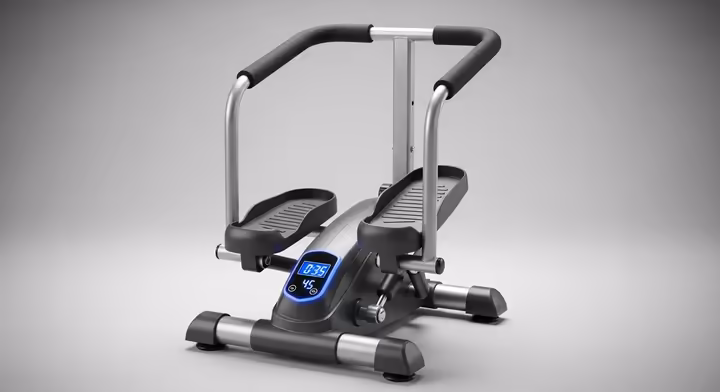 A high-quality mini stepper with sturdy handlebars, a wide non-slip base, and large foot pedals.