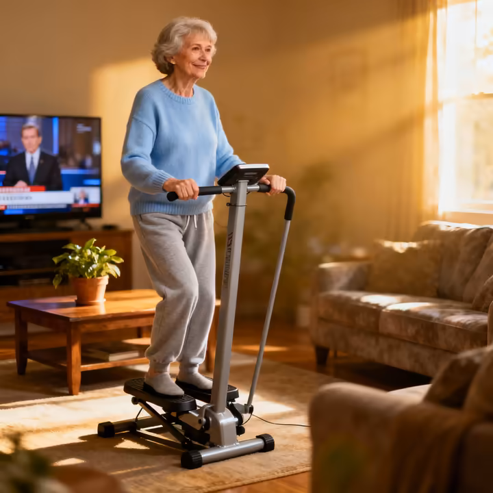 An older adult comfortably using a mini stepper in a well-lit living room while watching television.