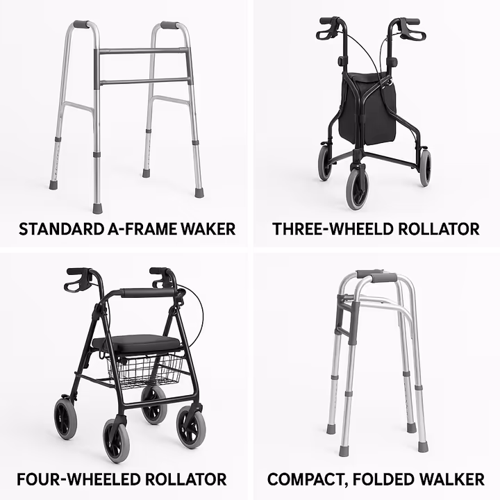 A collage showing the four main types of narrow walkers: standard A-frame, three-wheeled, four-wheeled, and compact folding.