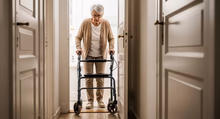 A standard-width walker getting stuck in a narrow interior doorway, highlighting a common problem.