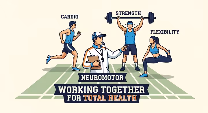 An infographic showing the four components of fitness as a team: Cardio, Strength, Flexibility, and Neuromotor Training.