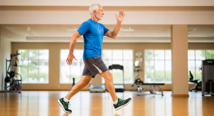 An active senior man doing a grapevine (carioca) step exercise in a gym setting.