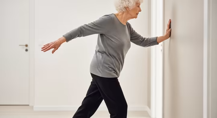 A senior woman performing a tandem walk exercise along a wall for support.