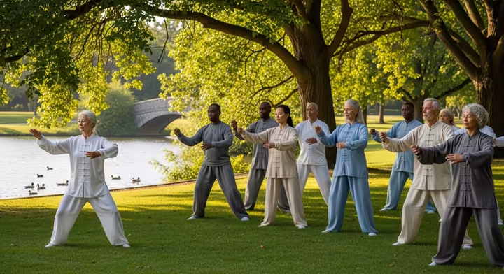 A group of diverse seniors practicing Tai Chi together in a park.