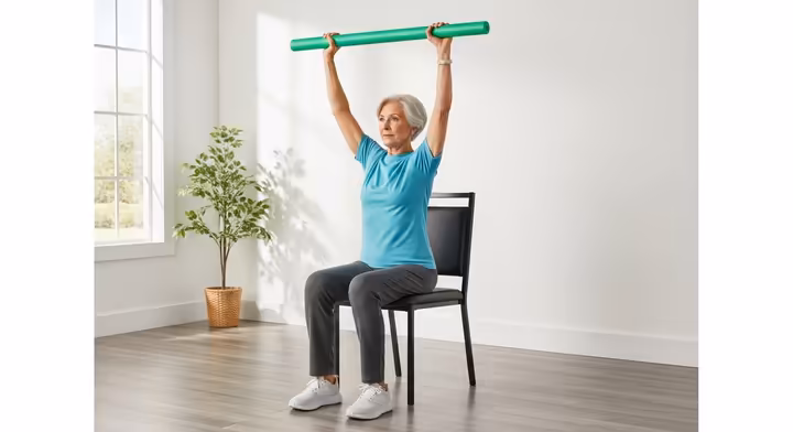 A senior sitting upright in a chair, performing an overhead press with a green pool noodle.
