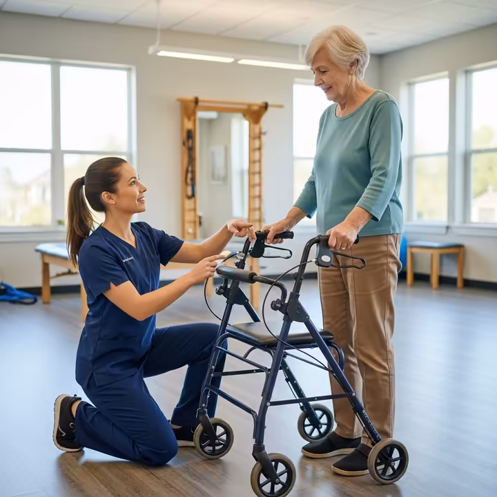 A physical therapist helps a senior adjust the height of their tall walker for a perfect fit.