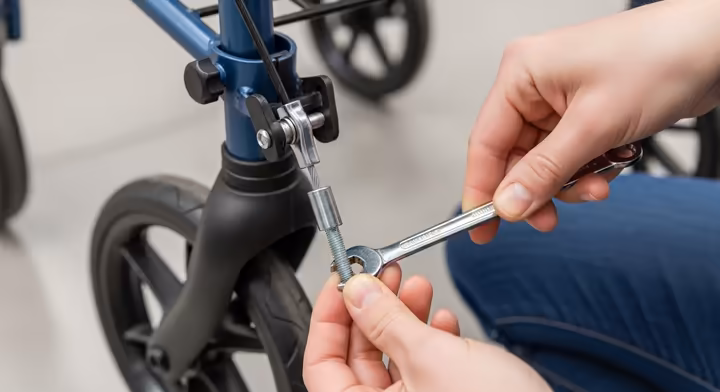 Close-up of hands checking the brake cable and wheel bolts on a rollator.