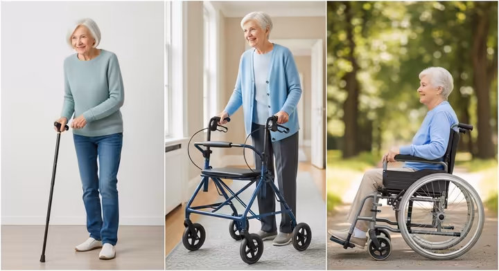 A collage displaying various mobility aids including a cane, walker, rollator, and wheelchair.