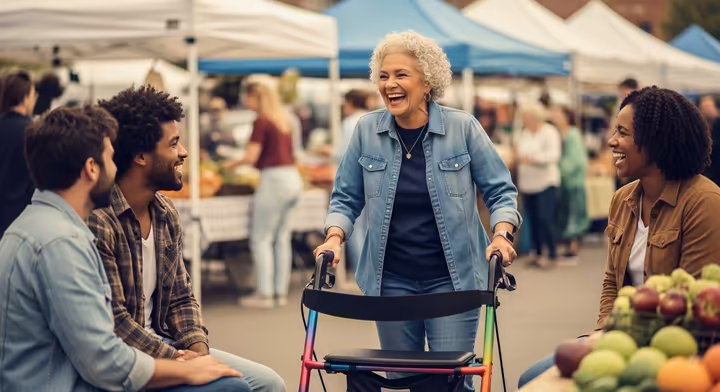 An older woman using a stylish rollator, smiling as she talks with friends at an outdoor market.