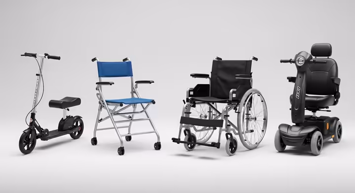 A lineup of wheeled mobility aids, from a knee scooter and transport chair to a manual wheelchair and a mobility scooter.