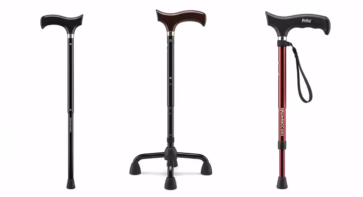 A side-by-side comparison of a single-point cane, a quad cane, and a cane with an ergonomic Fritz handle.