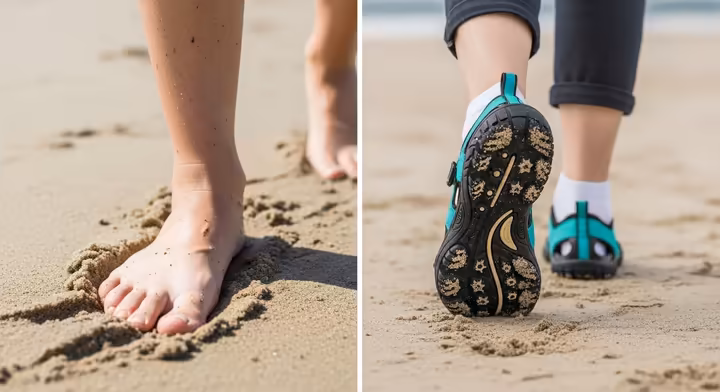 A split image showing a bare foot on sand on the left, and a supportive water shoe on sand on the right.