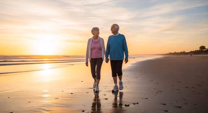A senior couple walking hand-in-hand on the firm, wet sand of a beach during a beautiful sunset.