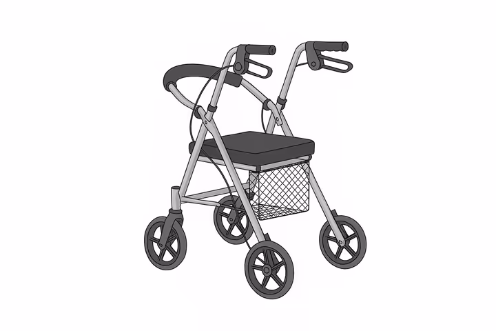 Diagram showing the main parts of a rollator, including the frame, wheels, handgrips, brakes, seat, and storage basket.