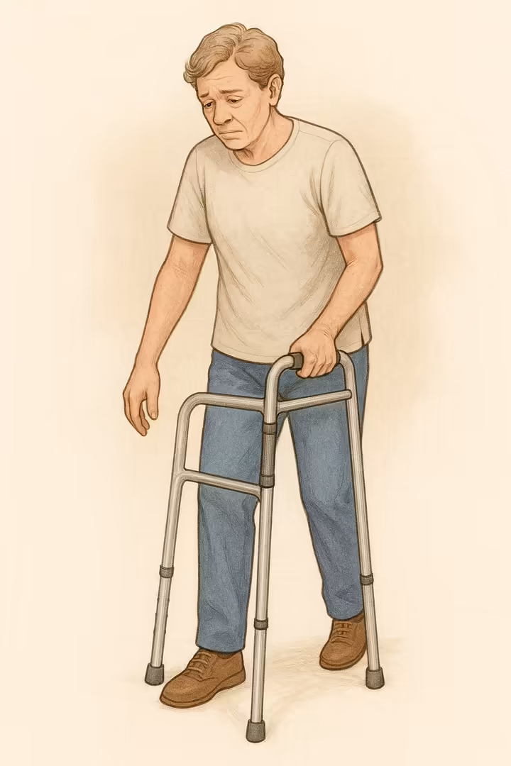 Person with one-sided weakness using a hemi-walker for support.