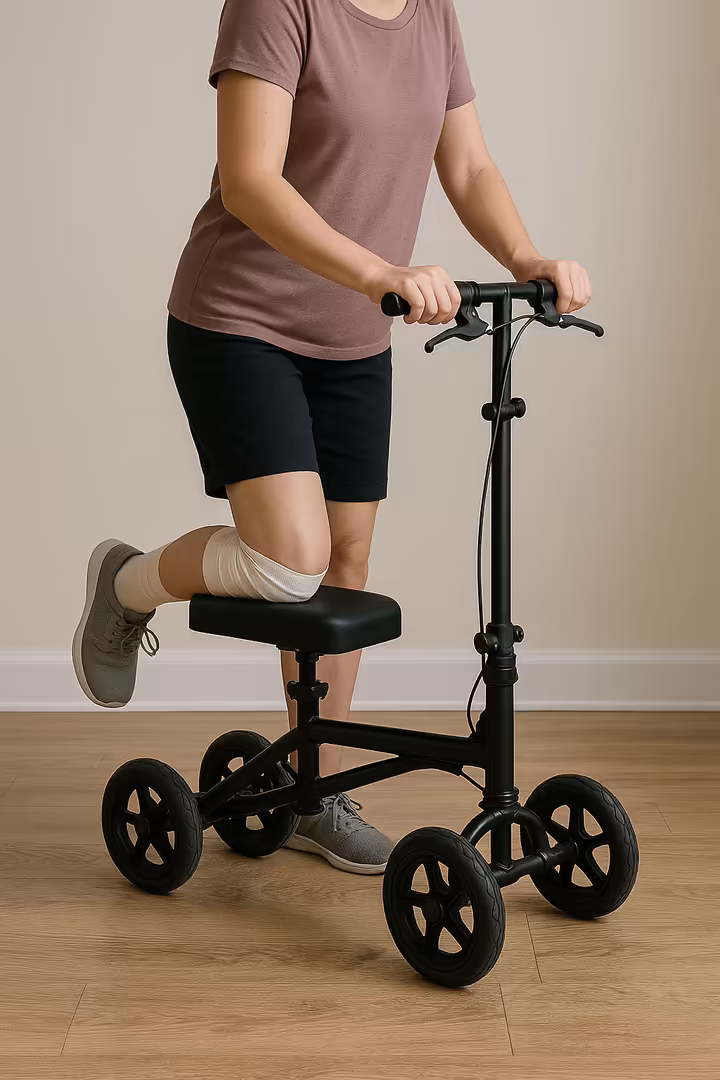 Person using a knee walker/scooter for a below-the-knee injury.