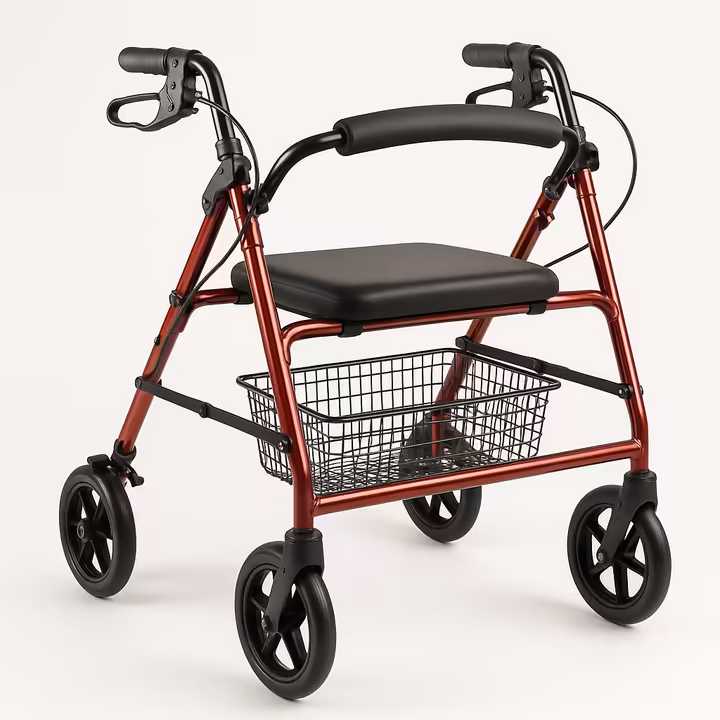 A modern four-wheel rollator walker with a seat and hand brakes, shown on a neutral background.