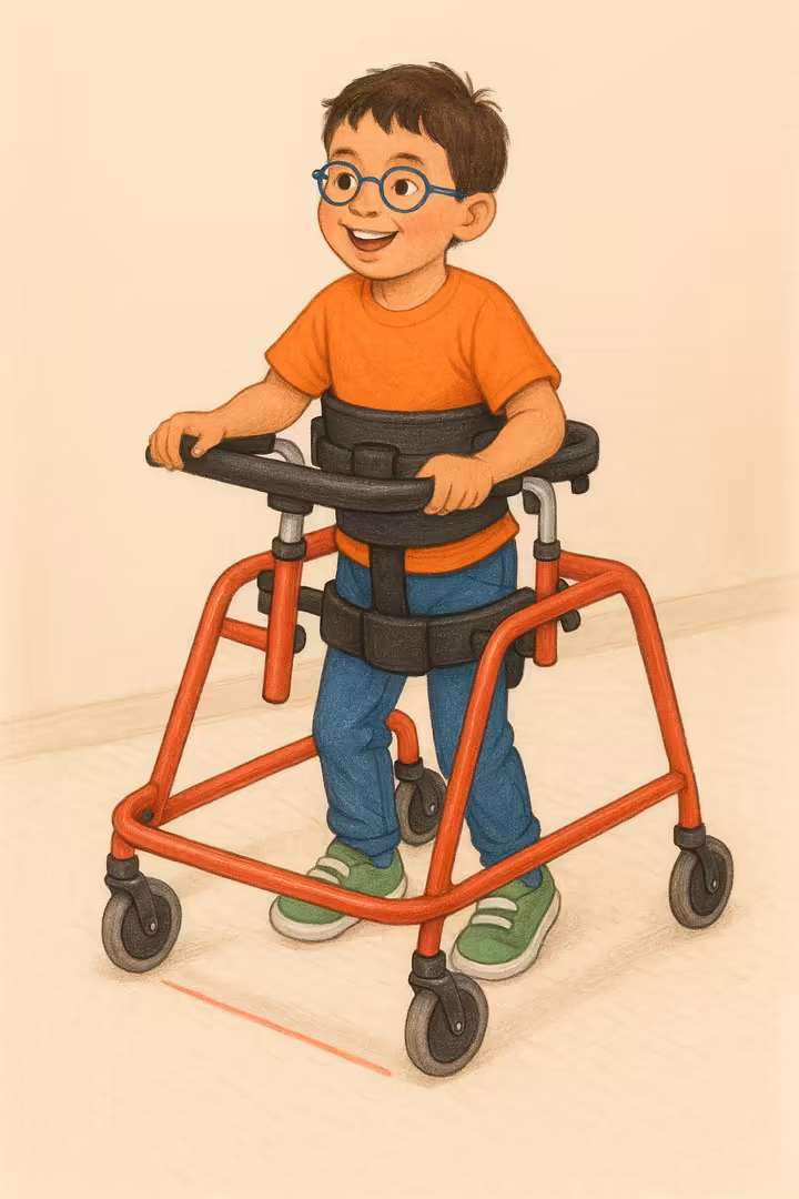 A child using a colorful pediatric gait trainer with supportive straps.