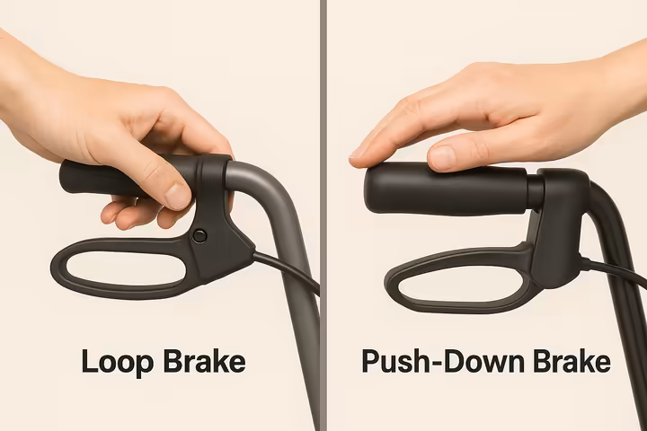 Close-up comparison of loop brakes and push-down brakes on rollator handlebars.