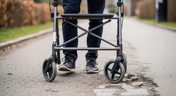 Rollator struggling on uneven, gravel pathway, illustrating an environmental hazard.