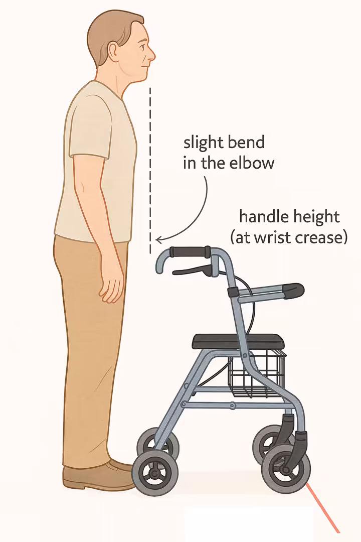 Diagram showing correct rollator handle height adjustment relative to the user's wrist.