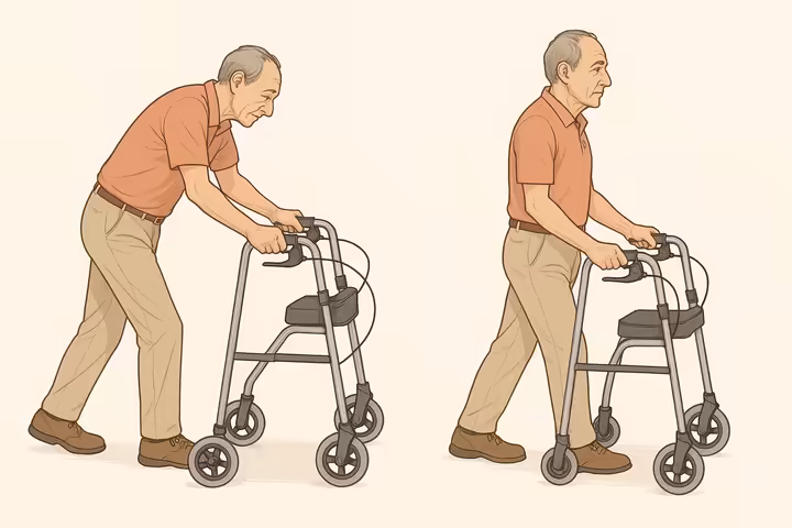 Comparison of incorrect stooped posture versus correct upright posture while using a rollator.
