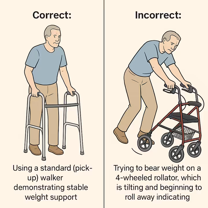 Split image: left side shows a person correctly using a standard walker for support, right side shows a person dangerously leaning on a rollator which is starting to roll away.